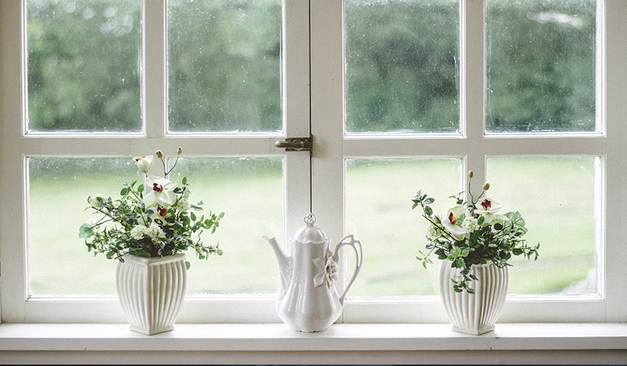 Flowers in two pots on window sill